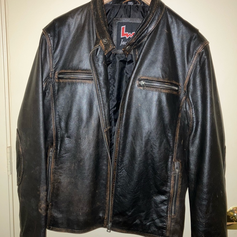 Classic Black Leather Motorcycle Jacket with Band Collar